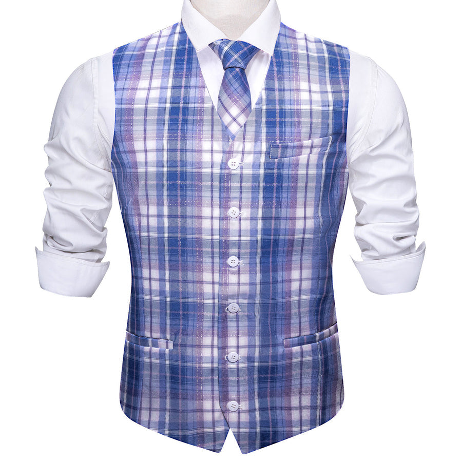 Blue and White Plaid Jacquard Vest Set - 2 Piece vest set - Sophisticated Gentlemen