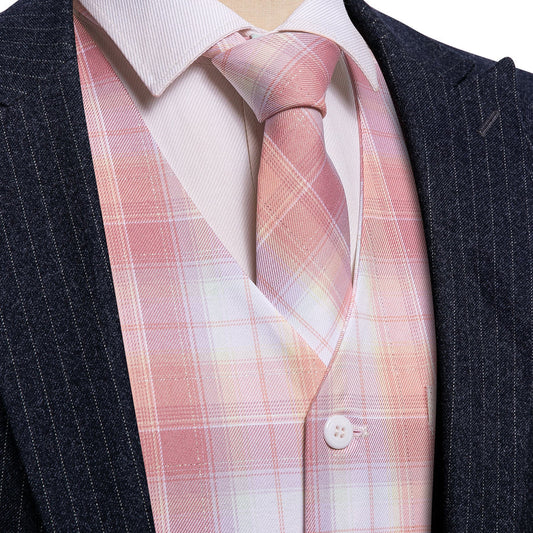 Pink Light Blue Plaid Jacquard Men's Vest Set vest set S (Chest 40")   - Sophisticated Gentlemen