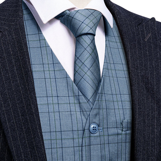 Blue Plaid Jacquard Men's Vest Set vest set S (Chest 40")   - Sophisticated Gentlemen