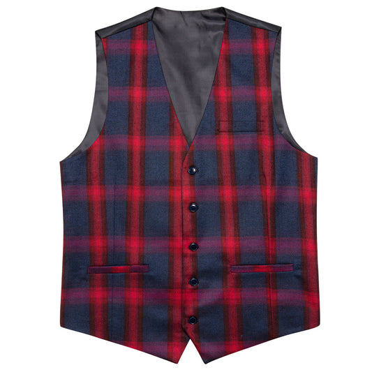 Deep Red Blue Plaid Jacquard Men's Vest Set vest set S (Chest 40")   - Sophisticated Gentlemen