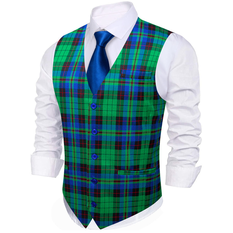 Green Blue Plaid Novelty Jacquard Men's Vest Set vest set - Sophisticated Gentlemen
