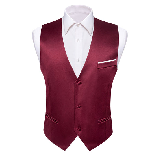 Burgundy Red Solid Satin Silk Men's V Neck Vest Set vest set S (Chest 40")   - Sophisticated Gentlemen