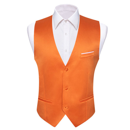 Orange Solid Satin Men's V Neck Vest Set vest set S (Chest 40")   - Sophisticated Gentlemen