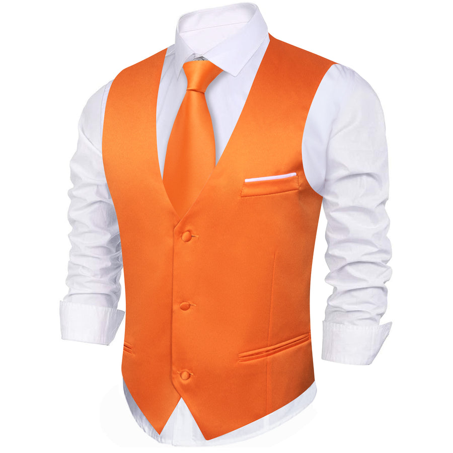Orange Solid Satin Men's V Neck Vest Set vest set - Sophisticated Gentlemen