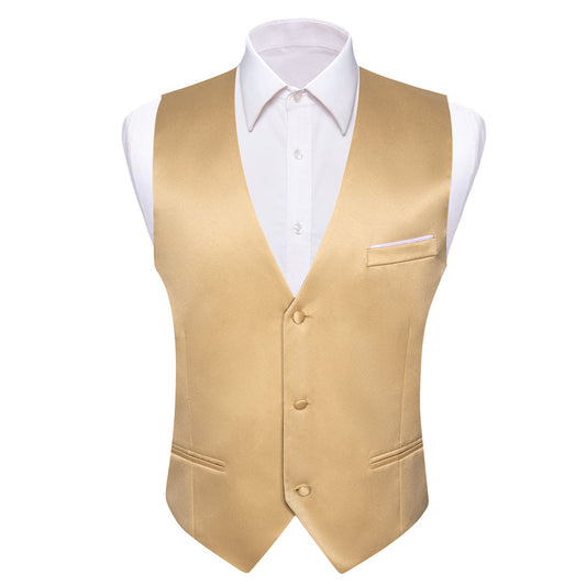 Champagne Solid Satin Men's V Neck Vest Set vest set S (Chest 40")   - Sophisticated Gentlemen
