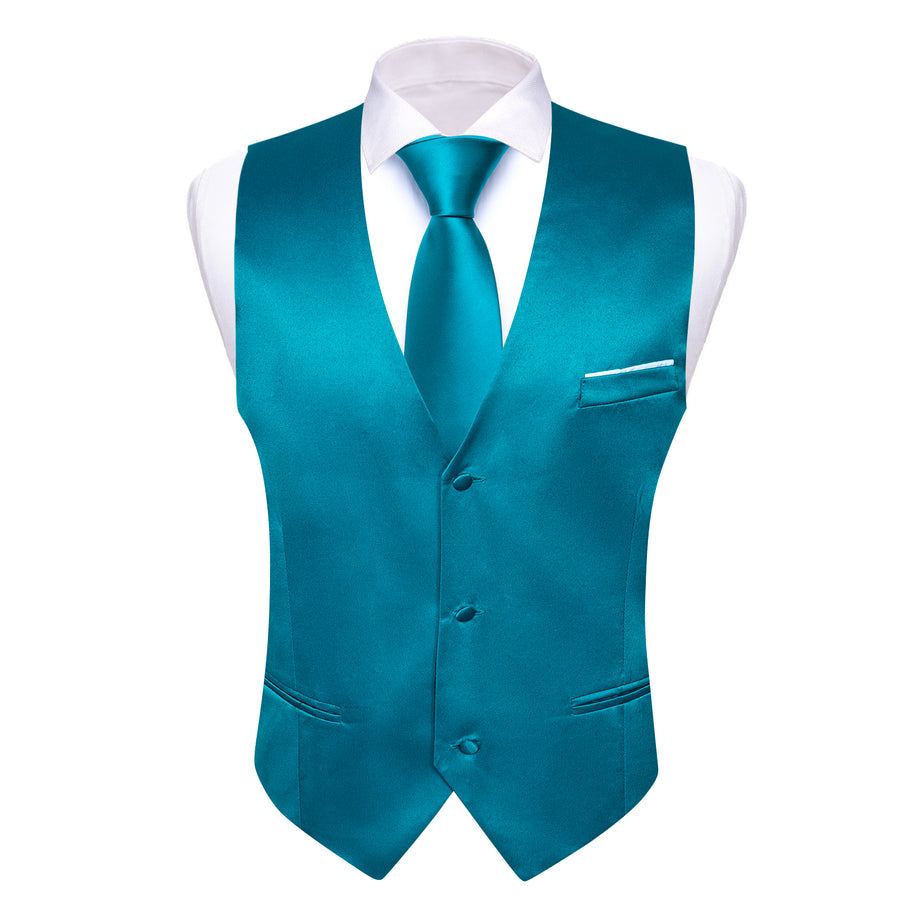 Teal Blue Solid Satin V Neck Vest Set vest set - Sophisticated Gentlemen