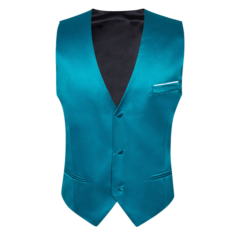 Teal Blue Solid Satin V Neck Vest Set vest set - Sophisticated Gentlemen