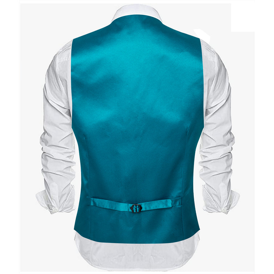 Teal Blue Solid Satin V Neck Vest Set vest set - Sophisticated Gentlemen