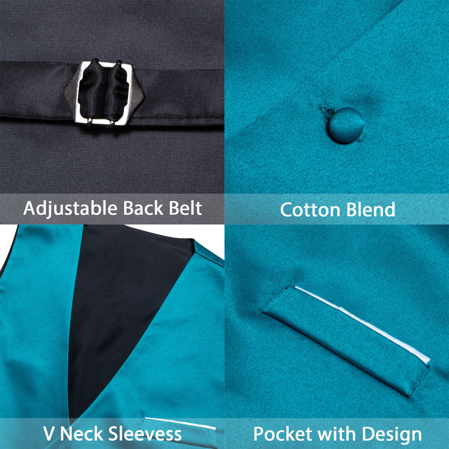 Teal Blue Solid Satin V Neck Vest Set vest set - Sophisticated Gentlemen
