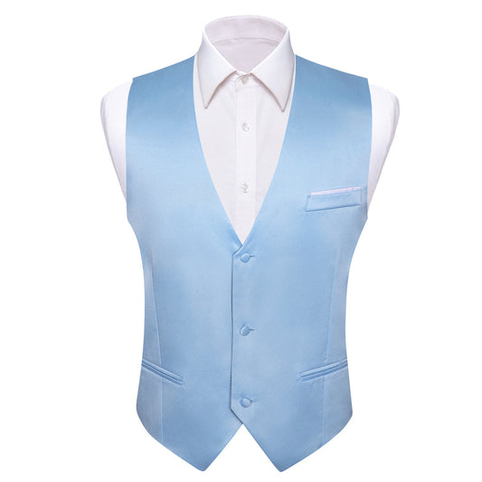 Baby Blue Solid Satin Men's V Neck Vest Set vest set S (Chest 40")   - Sophisticated Gentlemen