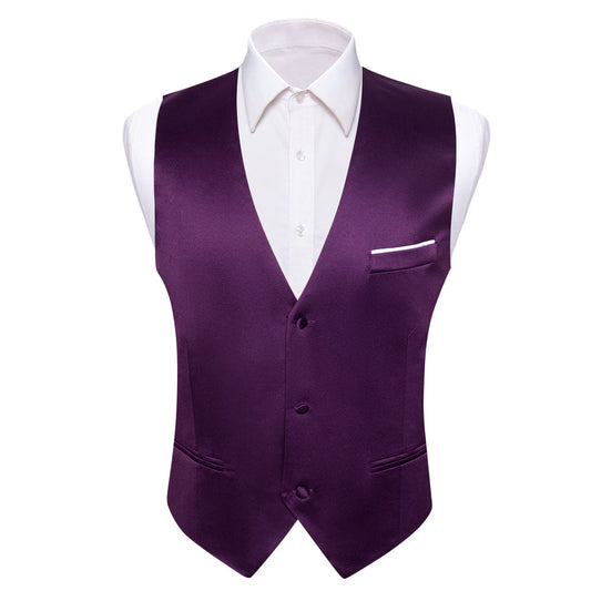 Deep Purple Solid Satin Men's V Neck Vest Set vest set S (Chest 40")   - Sophisticated Gentlemen
