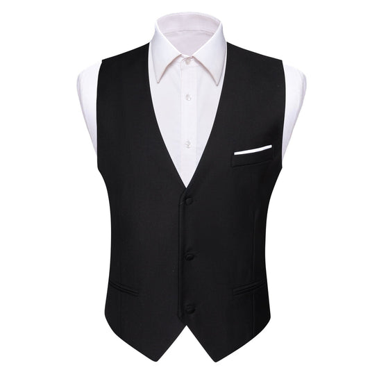 Black Solid Silk Men's V Neck Vest Set vest set S (Chest 40")   - Sophisticated Gentlemen