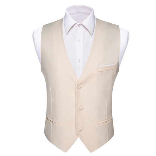 Champagne White Solid Silk Men's V Neck Vest Set vest set S (Chest 40")   - Sophisticated Gentlemen