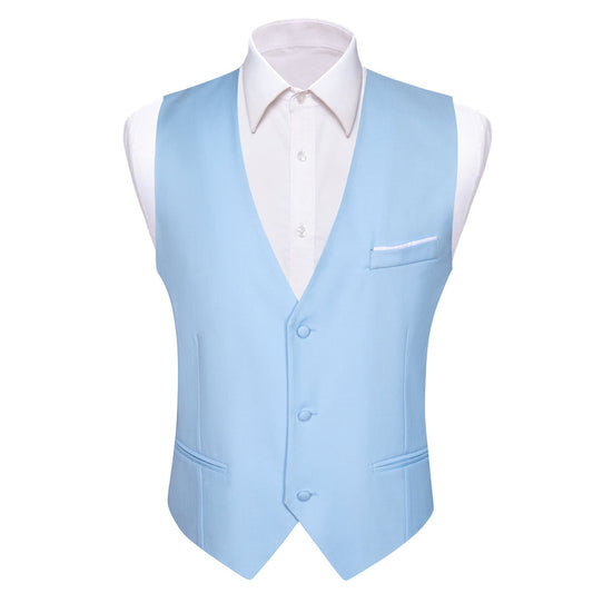 Baby Blue Solid Silk Men's V Neck Vest Set vest set S (Chest 40")   - Sophisticated Gentlemen