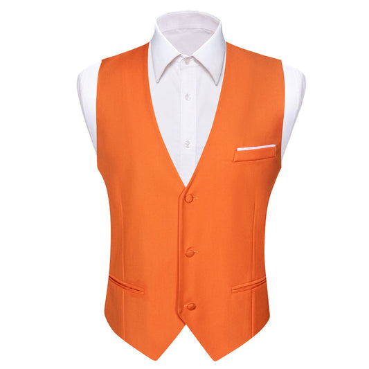 Orange Solid Silk Men's V Neck Vest Set vest set S (Chest 40")   - Sophisticated Gentlemen