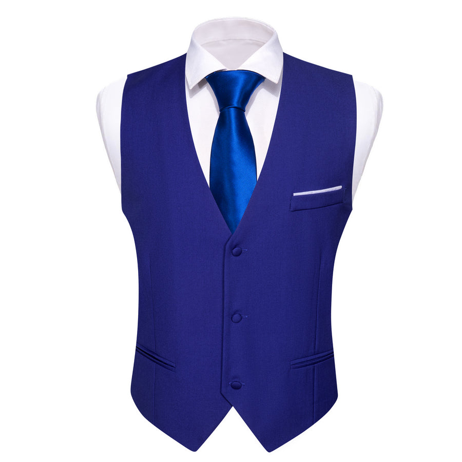 Royal Blue Solid Silk Men's V Neck Vest Set vest set - Sophisticated Gentlemen