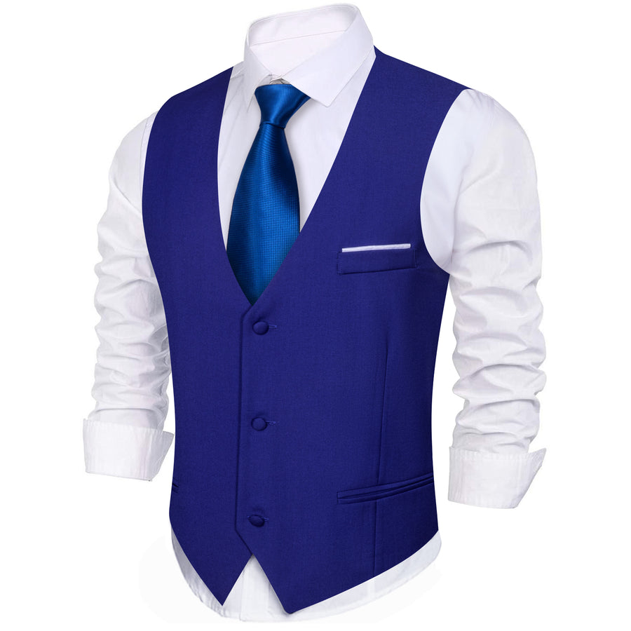 Royal Blue Solid Silk Men's V Neck Vest Set vest set - Sophisticated Gentlemen