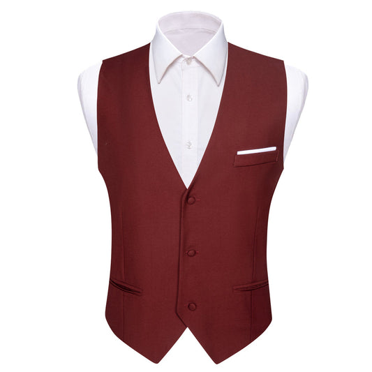 Burgundy Red Solid Silk Men's V Neck Vest Set vest set S (Chest 40")   - Sophisticated Gentlemen