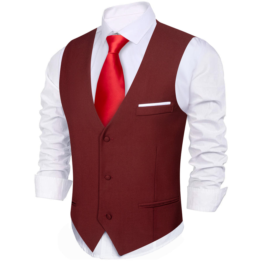 Burgundy Red Solid Silk Men's V Neck Vest Set vest set    - Sophisticated Gentlemen