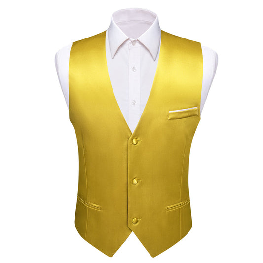 Lemon Yellow Solid Satin Men's V Neck Vest Set vest set S (Chest 40")   - Sophisticated Gentlemen