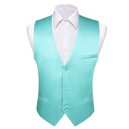 Aqua Blue Solid Satin Men's V Neck Vest Set vest set S (Chest 40")   - Sophisticated Gentlemen