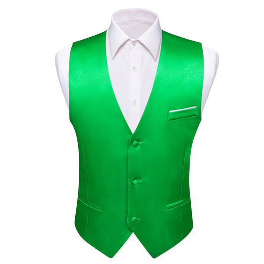 Bright Green Solid Satin Men's V Neck Vest Set vest set S (Chest 40")   - Sophisticated Gentlemen