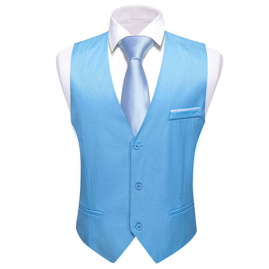 Sky Blue Solid Men's V Neck Vest Set vest set - Sophisticated Gentlemen