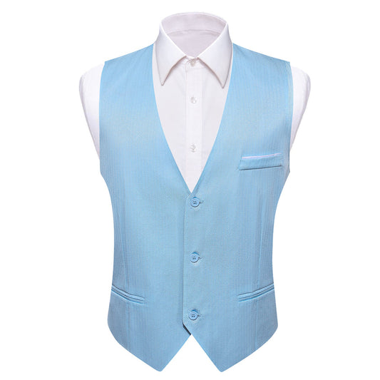 Baby Blue Solid Men's V Neck Vest Set vest set S (Chest 40")   - Sophisticated Gentlemen