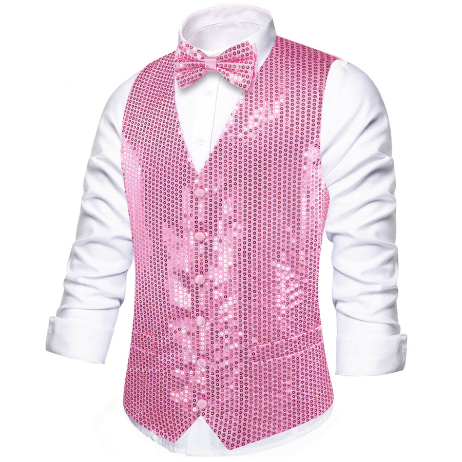 Shining Taffy Pink Sequins Bowtie Vest Set vest set - Sophisticated Gentlemen