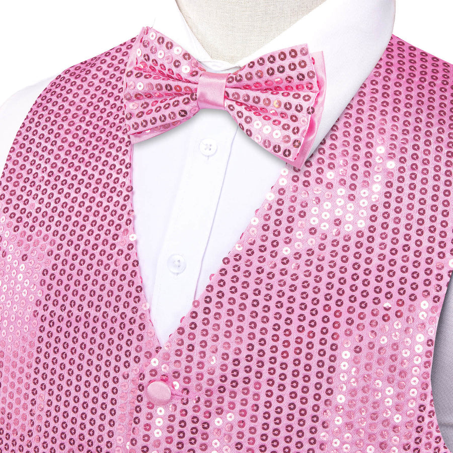 Shining Taffy Pink Sequins Bowtie Vest Set vest set - Sophisticated Gentlemen