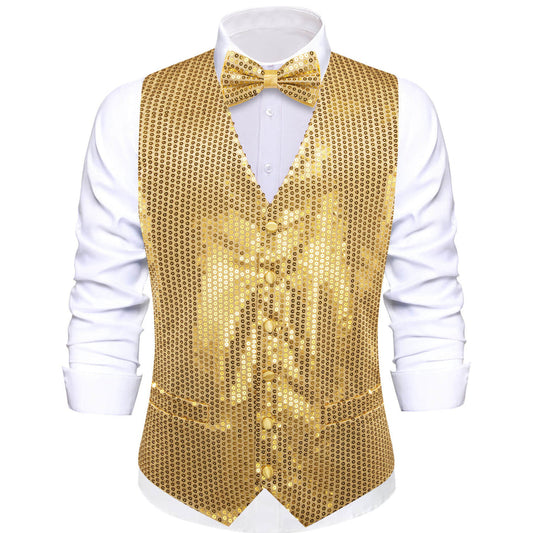 Shining Gold Sequins Bowtie Vest Set vest set S (Chest 40")   - Sophisticated Gentlemen