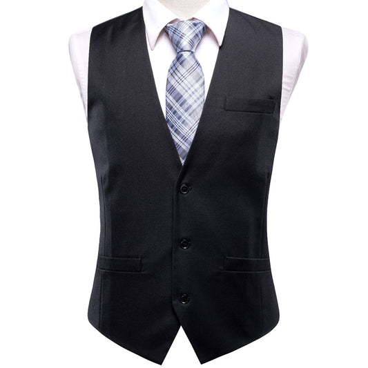 Black Cotton Solid Splicing Jacquard Men's Vest Set vest set S (Chest 40")   - Sophisticated Gentlemen
