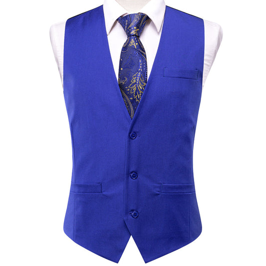 Blue Cotton Solid Splicing Jacquard Men's Vest Set vest set S (Chest 40")   - Sophisticated Gentlemen
