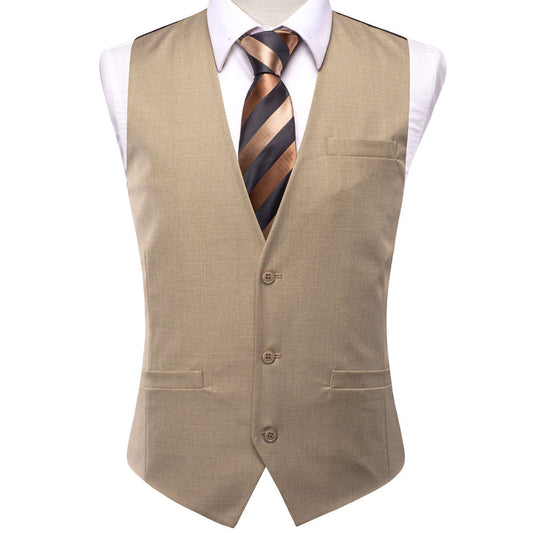 Khaki Cotton Solid Splicing Jacquard Men's Vest Set vest set S (Chest 40")   - Sophisticated Gentlemen