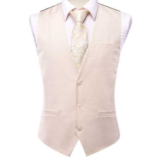 Beige Cotton Solid Splicing Jacquard Men's Vest Set vest set S (Chest 40")   - Sophisticated Gentlemen