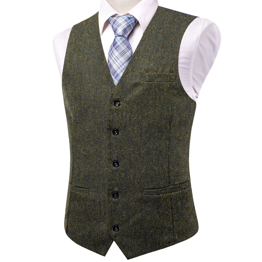Dark Green Solid Wool Splicing Jacquard Men's Vest Set vest set - Sophisticated Gentlemen