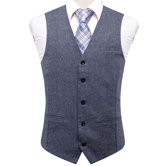 Blue Gray Solid Wool Splicing Jacquard Men's Vest Set vest set S (Chest 40")   - Sophisticated Gentlemen