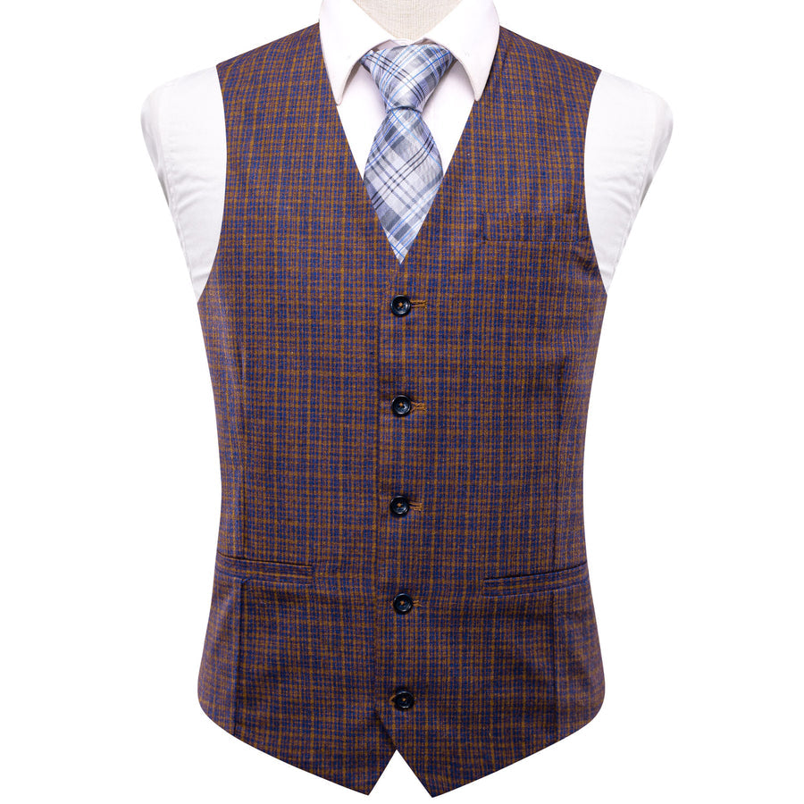 Golden Blue Plaid Wool Splicing Jacquard Men's Vest Set vest set S (Chest 40")   - Sophisticated Gentlemen