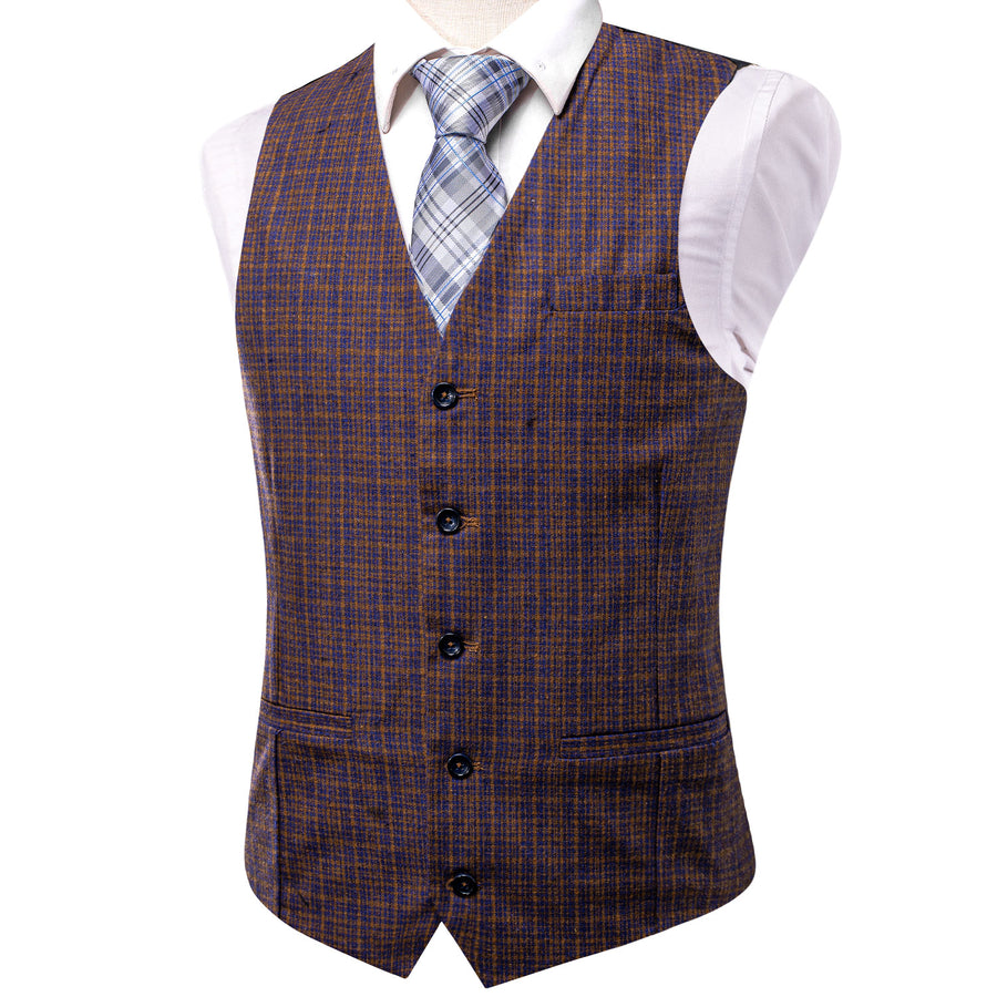 Golden Blue Plaid Wool Splicing Jacquard Men's Vest Set vest set    - Sophisticated Gentlemen