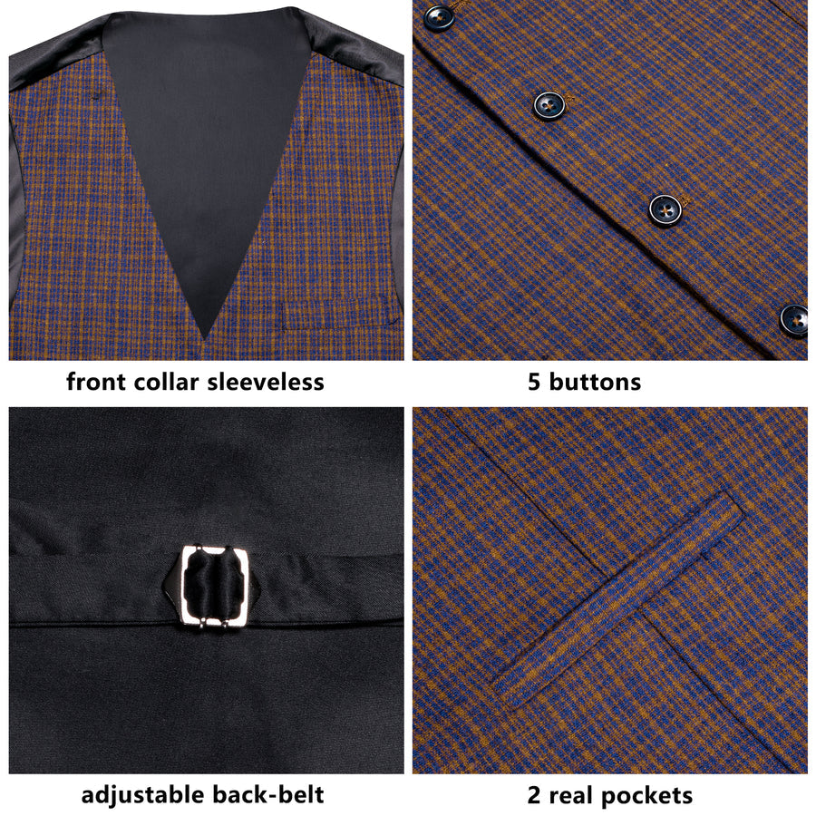 Golden Blue Plaid Wool Splicing Jacquard Men's Vest Set vest set    - Sophisticated Gentlemen