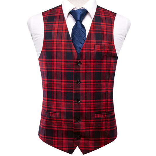 Black Red Plaid Wool Splicing Jacquard Vest Set vest set S (Chest 40")   - Sophisticated Gentlemen