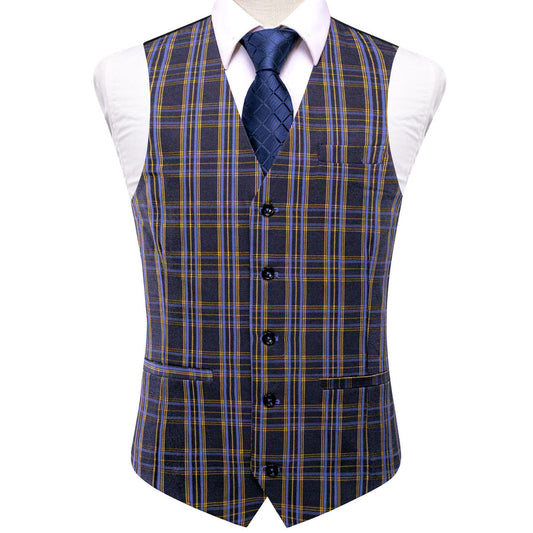 Blue Gray Plaid Wool Splicing Jacquard Men's Vest Set vest set S (Chest 40")   - Sophisticated Gentlemen