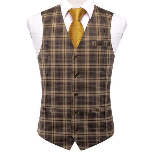 Brown Plaid Wool Splicing Jacquard Men's Vest Set vest set S (Chest 40")   - Sophisticated Gentlemen