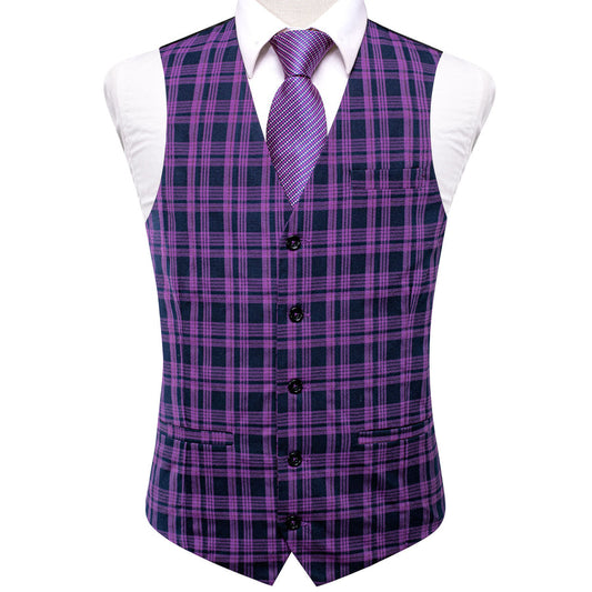 Black Purple Plaid Wool Splicing Jacquard Men's Vest Set vest set S (Chest 40")   - Sophisticated Gentlemen