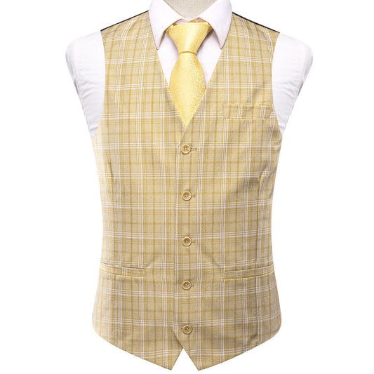 Light Yellow Plaid Splicing Jacquard Men's Vest Set vest set S (Chest 40")   - Sophisticated Gentlemen