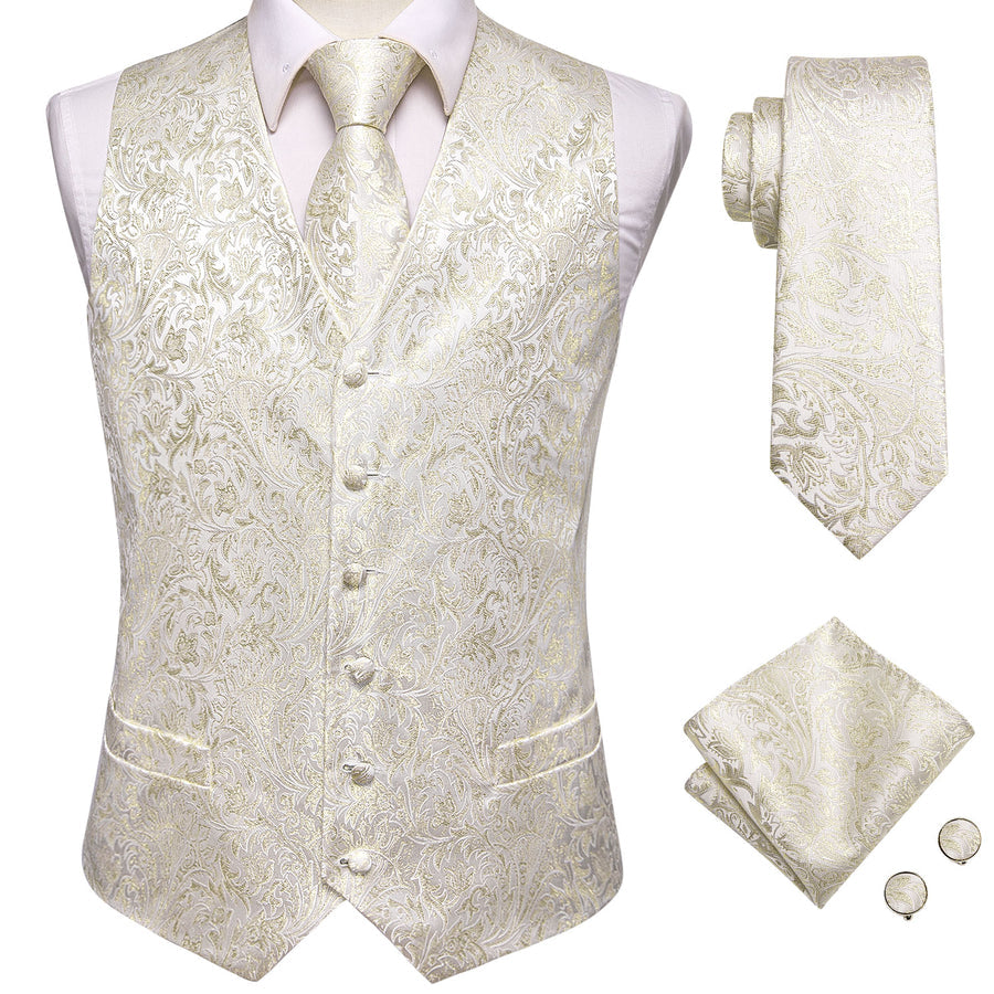 Champagne White Floral Jacquard Silk Vest Set vest set - Sophisticated Gentlemen