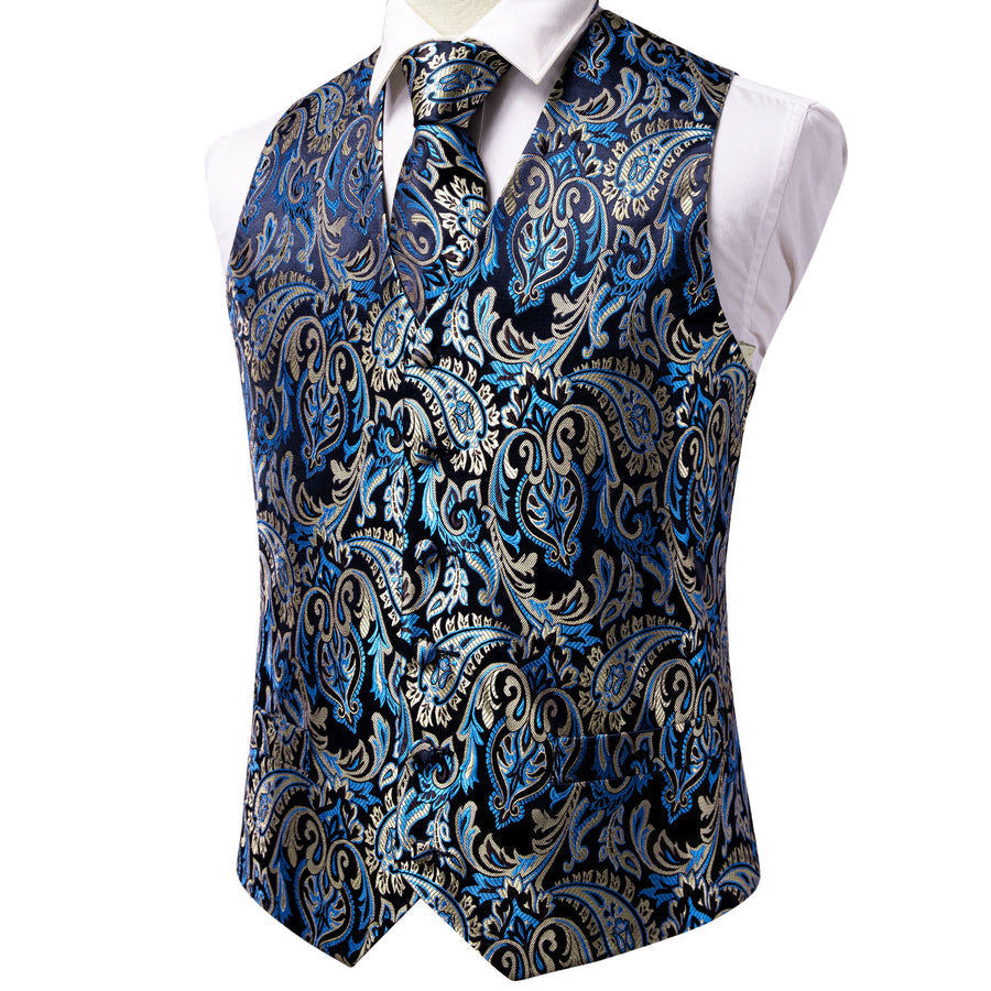 Black, Blue and Beige Paisley Vest Set vest set - Sophisticated Gentlemen