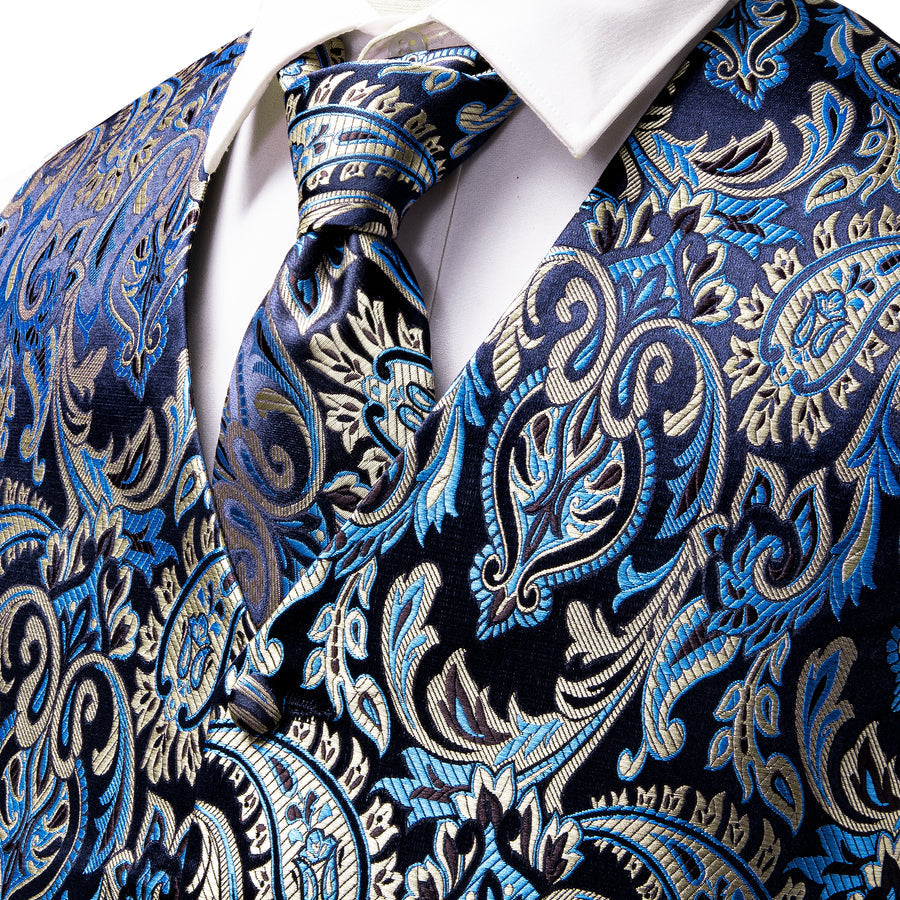 Black, Blue and Beige Paisley Vest Set vest set - Sophisticated Gentlemen