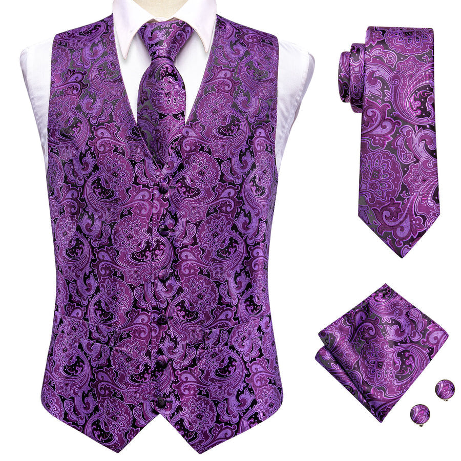 Dark Purple Paisley Jacquard Silk Vest Set vest set - Sophisticated Gentlemen
