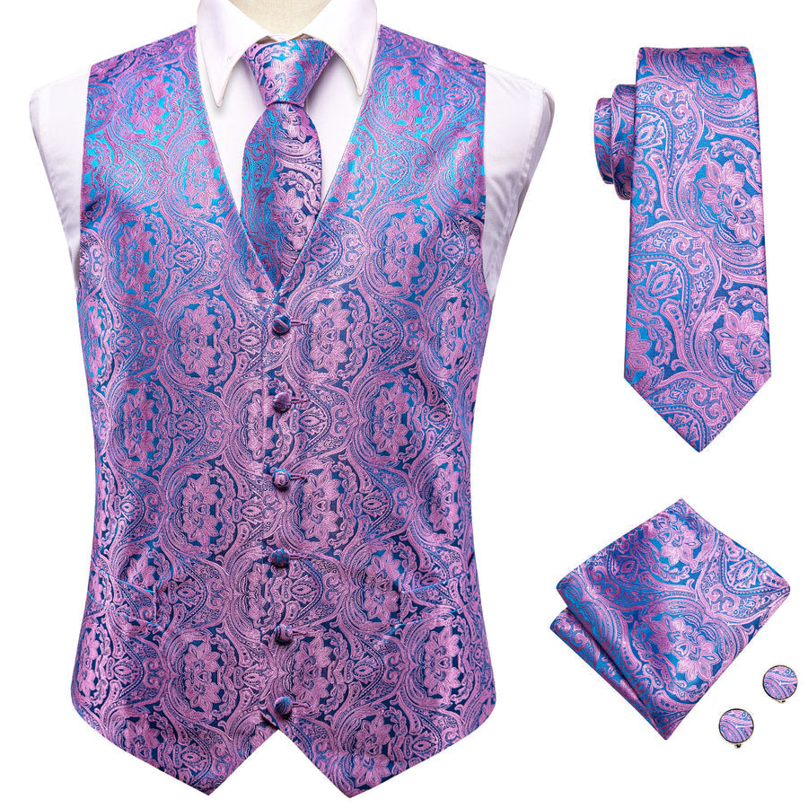 Blue and Purple Paisley Jacquard Silk Vest Set vest set - Sophisticated Gentlemen